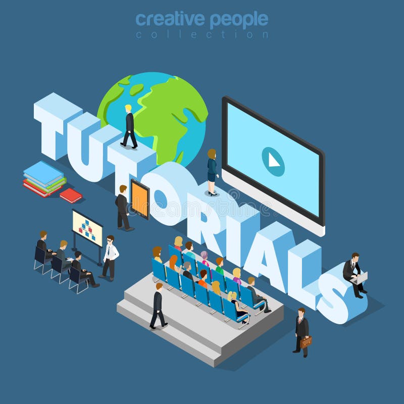 Flat 3d isometric style business tutorial online education training coaching concept web infographics vector illustration.Businessmen in class and big tutorials word. Creative people collection. Flat 3d isometric style business tutorial online education training coaching concept web infographics vector illustration.Businessmen in class and big tutorials word. Creative people collection.