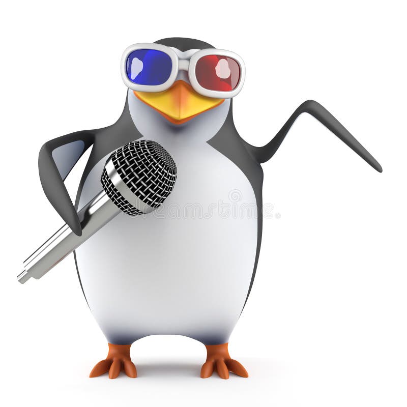 τρισδιάστατο Penguin στα τρισδιάστατα γυαλιά τραγουδά σε ένα μικρόφωνο απεικόνιση αποθεμάτων τρισδιάστατο Penguin στα τρισδιάστατα γυαλιά τραγουδά σε ένα μικρόφωνο απεικόνιση αποθεμάτων