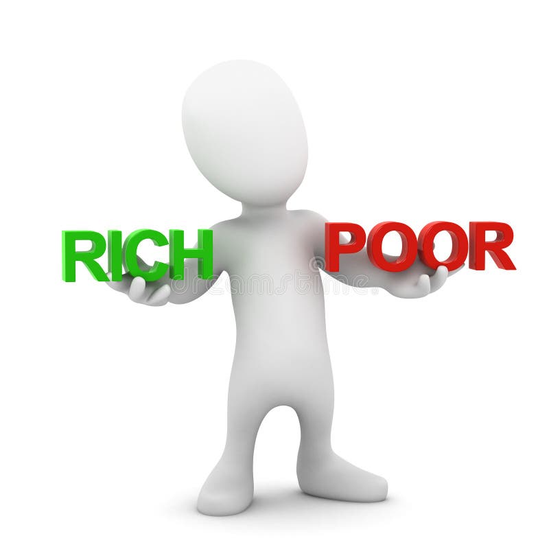 3d render of a little person holding the words Rich and Poor. 3d render of a little person holding the words Rich and Poor