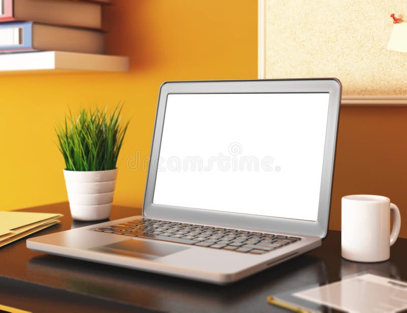 τρισδιάστατο γραφείο με την κενή οθόνη lap-top Πρότυπο διανυσματική απεικόνιση