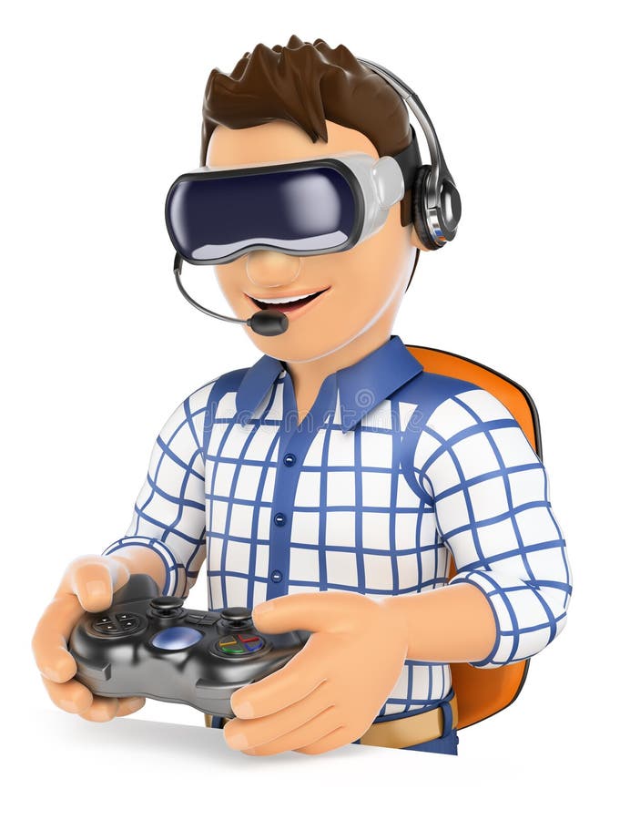 3d young people. Young gamer playing with virtual reality glasses and gamepad. VR. White background. 3d young people. Young gamer playing with virtual reality glasses and gamepad. VR. White background.