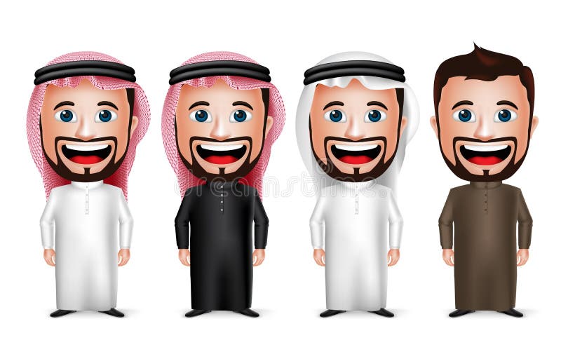 τρισδιάστατος ρεαλιστικός Σαουδάραβας - αραβικός χαρακτήρας κινουμένων σχεδίων ατόμων που φορά διαφορετικό παραδοσιακό Thobe