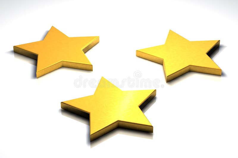 Three 3d golden stars on white surface. Three 3d golden stars on white surface