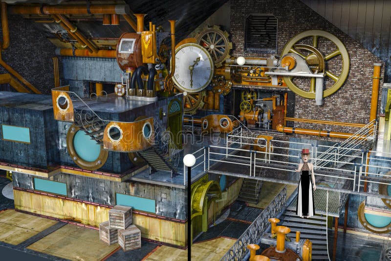 τρισδιάστατη απεικόνιση της γυναίκας steampunk στο παλαιό εγκαταλειμμένο εργοστάσιο απεικόνιση αποθεμάτων