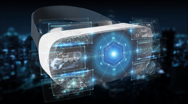 Virtual reality glasses technology illustration on dark background 3D rendering. Virtual reality glasses technology illustration on dark background 3D rendering