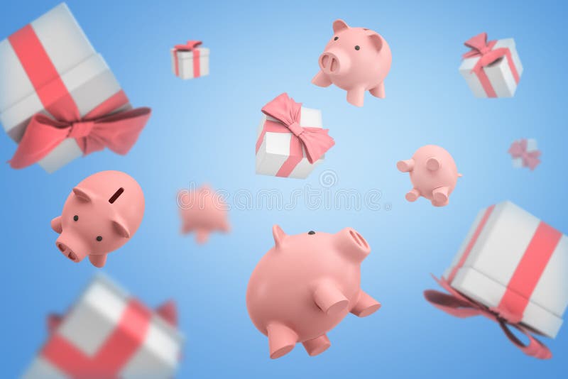 τρισδιάστατη απόδοση πολλών piggy τραπεζών και κιβωτίων δώρων που πετούν γύρω σε ένα ανοικτό μπλε υπόβαθρο απεικόνιση αποθεμάτων τρισδιάστατη απόδοση πολλών piggy τραπεζών και κιβωτίων δώρων που πετούν γύρω σε ένα ανοικτό μπλε υπόβαθρο απεικόνιση αποθεμάτων