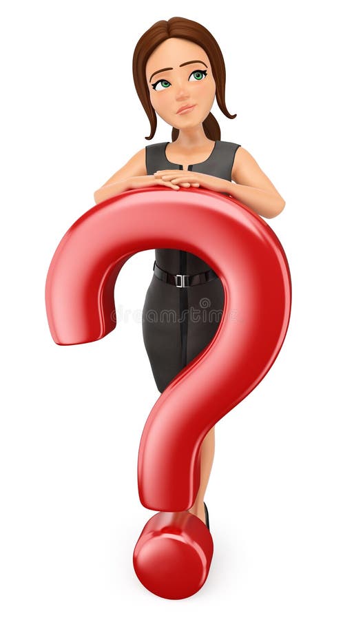 3d business people illustration. Businesswoman with a very big question mark. Doubts. White background. 3d business people illustration. Businesswoman with a very big question mark. Doubts. White background.