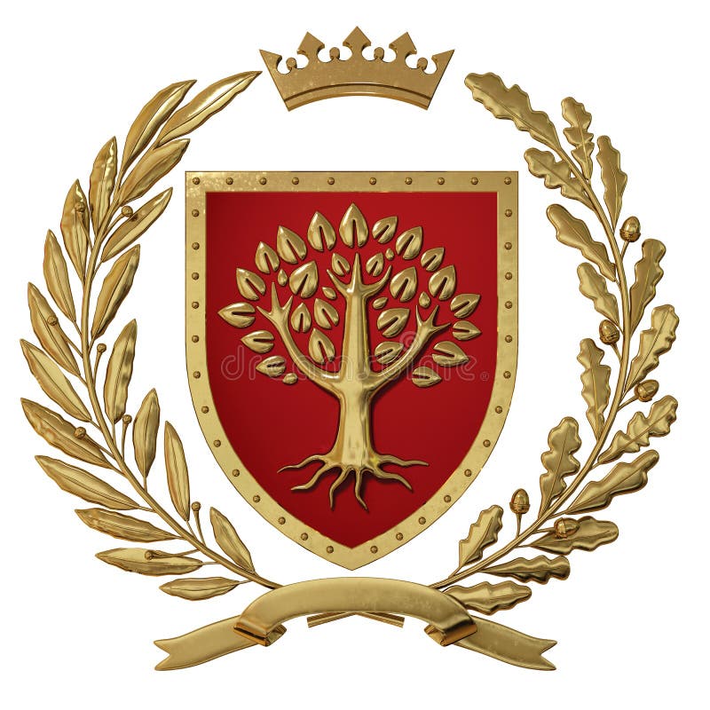 τρισδιάστατη οικοσημολογία απεικόνισης, κόκκινη κάλυψη των όπλων Χρυσό κλαδί ελιάς, δρύινος κλάδος, κορώνα, ασπίδα, δέντρο Isolat διανυσματική απεικόνιση τρισδιάστατη οικοσημολογία απεικόνισης, κόκκινη κάλυψη των όπλων Χρυσό κλαδί ελιάς, δρύινος κλάδος, κορώνα, ασπίδα, δέντρο Isolat διανυσματική απεικόνιση