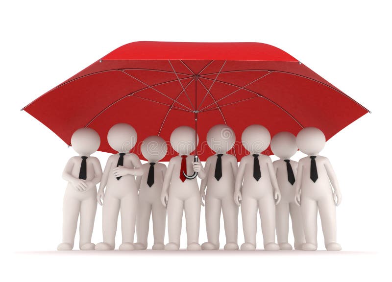 3d business team standing under a big red umbrella - Protection and insurance concept - Image on white background with soft shadows. 3d business team standing under a big red umbrella - Protection and insurance concept - Image on white background with soft shadows