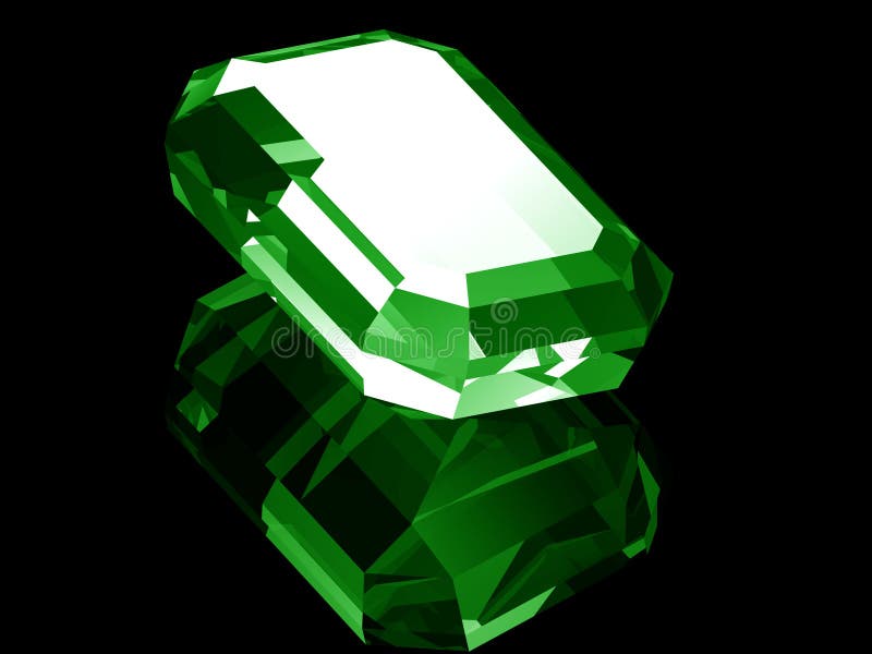 A render of a 3d Emerald isolated on a black background with reflection. A render of a 3d Emerald isolated on a black background with reflection.