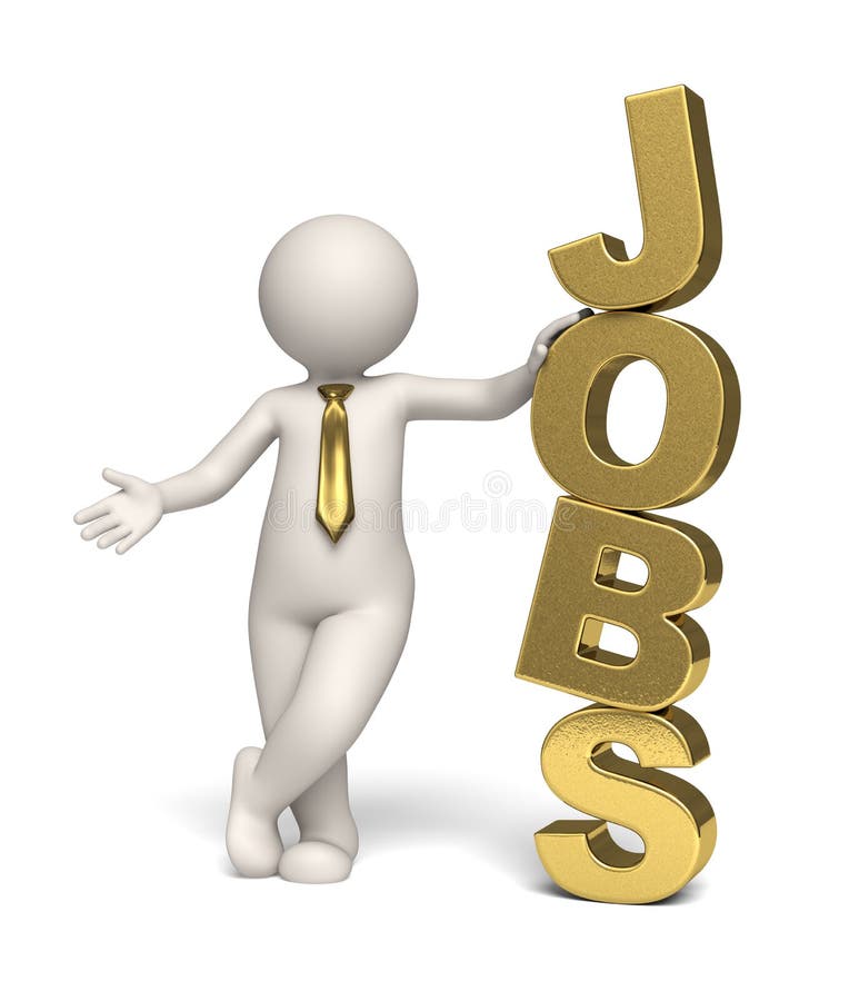 3d guy standing near a big gold jobs text - Image on white background with soft shadows - icon. 3d guy standing near a big gold jobs text - Image on white background with soft shadows - icon