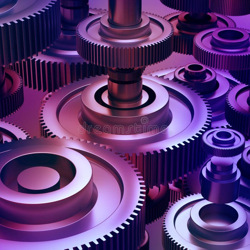 3d abstract machinery background, purple metallic gearwheels elements, machine details. 3d abstract machinery background, purple metallic gearwheels elements, machine details