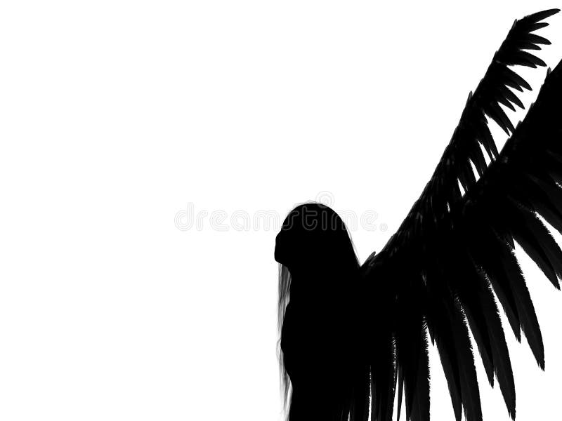 An 3D rendered angel silhouette with unfolded wings on white background. An 3D rendered angel silhouette with unfolded wings on white background.