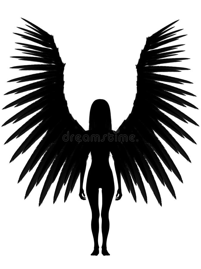 An 3D rendered angel silhouette with unfolded wings on white background. An 3D rendered angel silhouette with unfolded wings on white background.