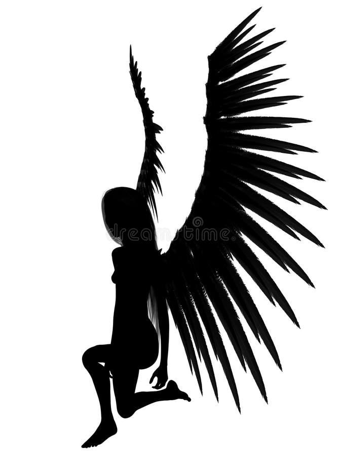 An 3D rendered angel silhouette with unfolded wings on white background. An 3D rendered angel silhouette with unfolded wings on white background.