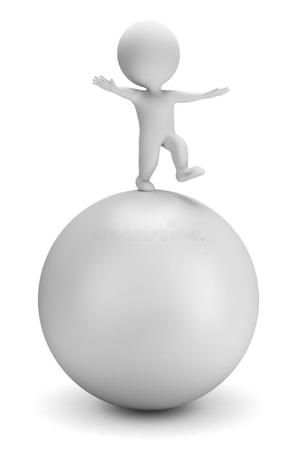 3d small person is balancing on a big ball. 3d image. White background. 3d small person is balancing on a big ball. 3d image. White background.