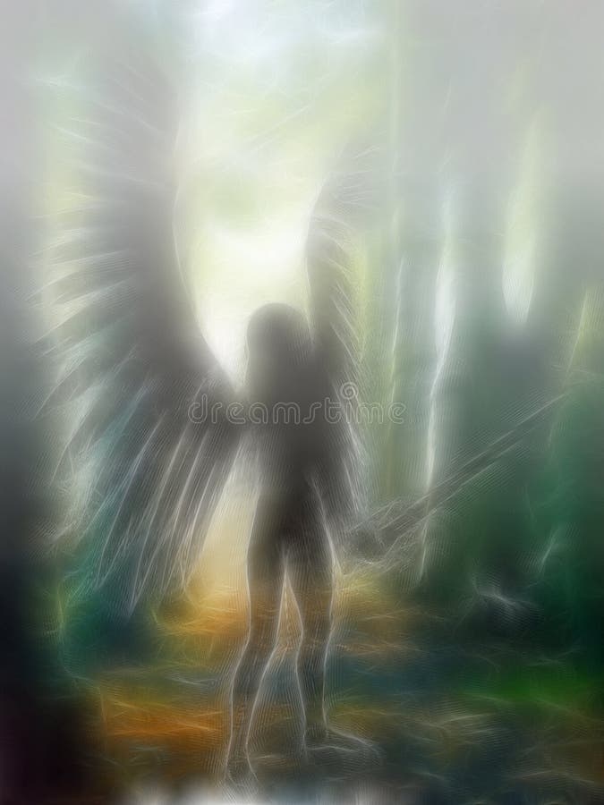 An 3D rendered angel silhouette with unfolded wings in a foggy forest. An 3D rendered angel silhouette with unfolded wings in a foggy forest.