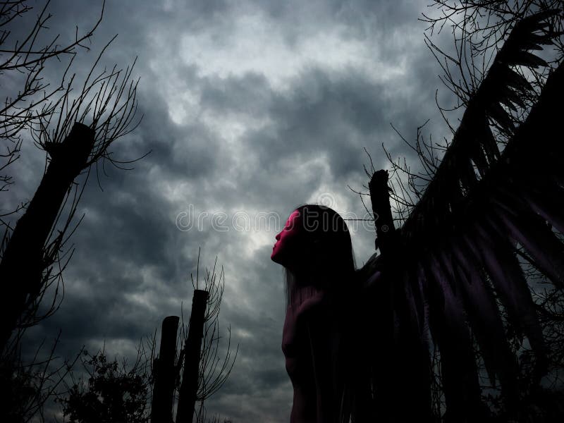 An 3D rendered angel silhouette with unfolded wings on stormy background. Digitally created image with photo as a background. An 3D rendered angel silhouette with unfolded wings on stormy background. Digitally created image with photo as a background.