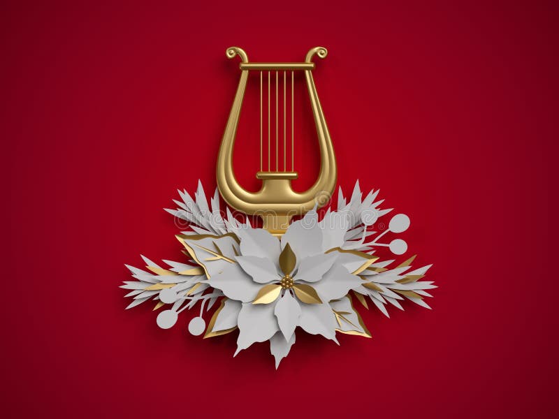 τρισδιάστατος δώστε, floral διακόσμηση Χριστουγέννων, άρπα, μουσικό όργανο διανυσματική απεικόνιση