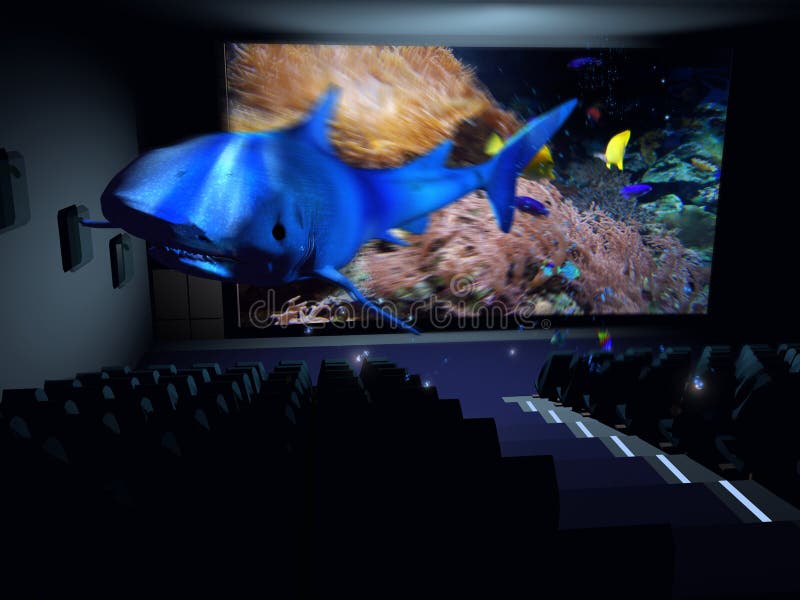 In a cinema, a 3D documentary about marine life gives the impression that a shark is taking out of the screen. In a cinema, a 3D documentary about marine life gives the impression that a shark is taking out of the screen