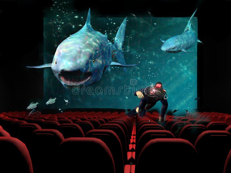 In a cinema, a 3D movie shows a diver trying to escape from a shark attack. Sharks and diver seem to come out from the screen. In a cinema, a 3D movie shows a diver trying to escape from a shark attack. Sharks and diver seem to come out from the screen.