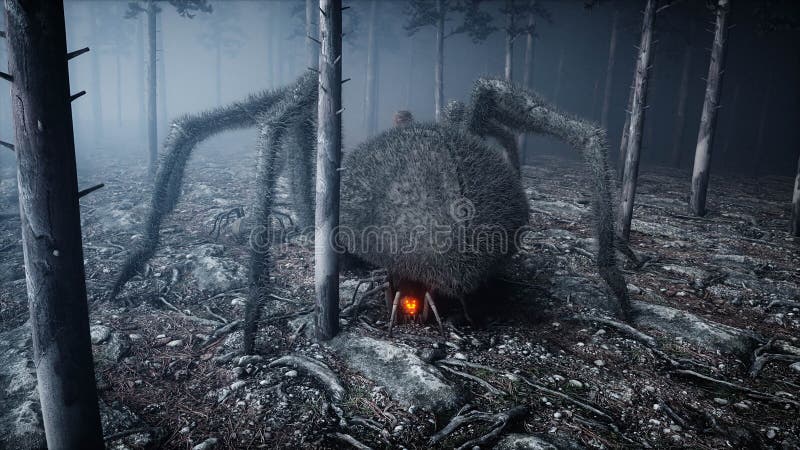 Τρομακτική gigant αράχνη στο δασικούς φόβο και τη φρίκη νύχτας ομίχλης Mistic και έννοια αποκριών τρισδιάστατη απόδοση απεικόνιση αποθεμάτων