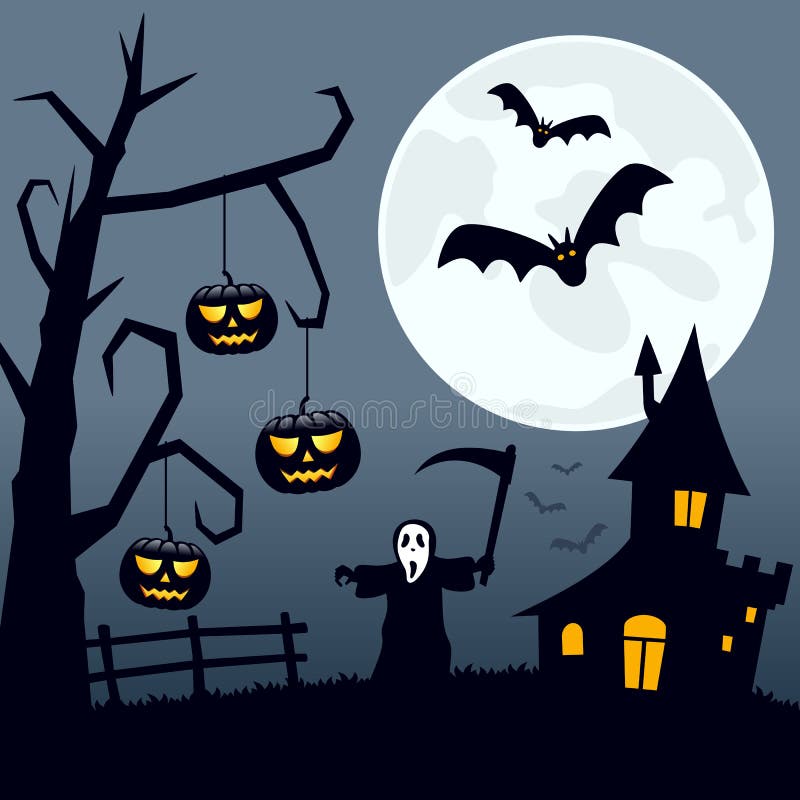 Halloween night scene background with the moon over a spooky landscape with a haunted house, a ghost, pumpkins and bats flying. Eps file available. Halloween night scene background with the moon over a spooky landscape with a haunted house, a ghost, pumpkins and bats flying. Eps file available.