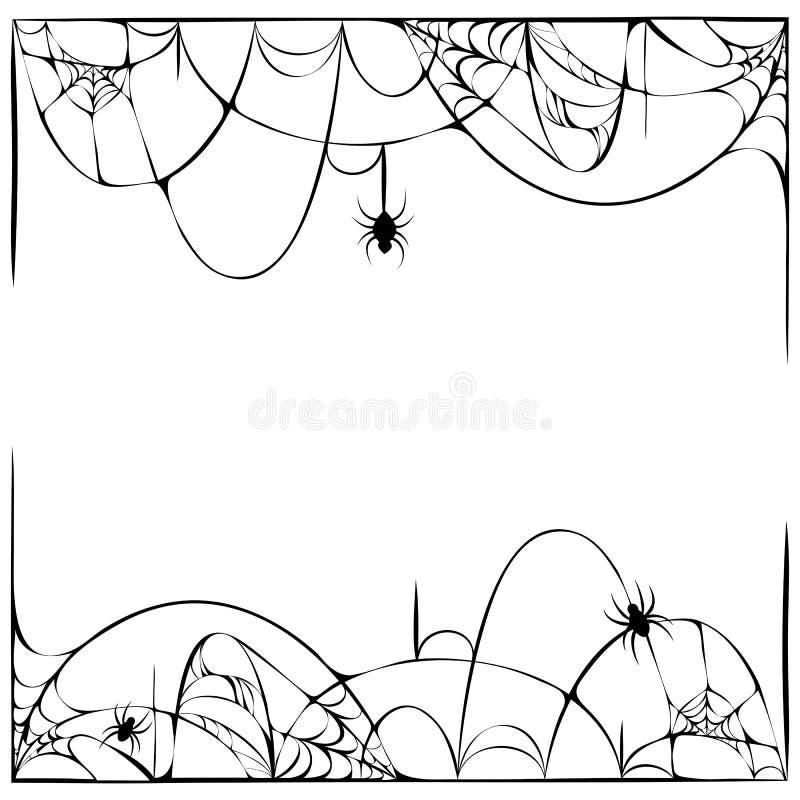 Τρομακτικό φόντο ιστού αράχνης με κρεμαστές αράχνες απομονωμένες σε λευκό πλαίσιο εργασίας Πρότυπο αποκριάτικου πάρτι ή στοιχείο