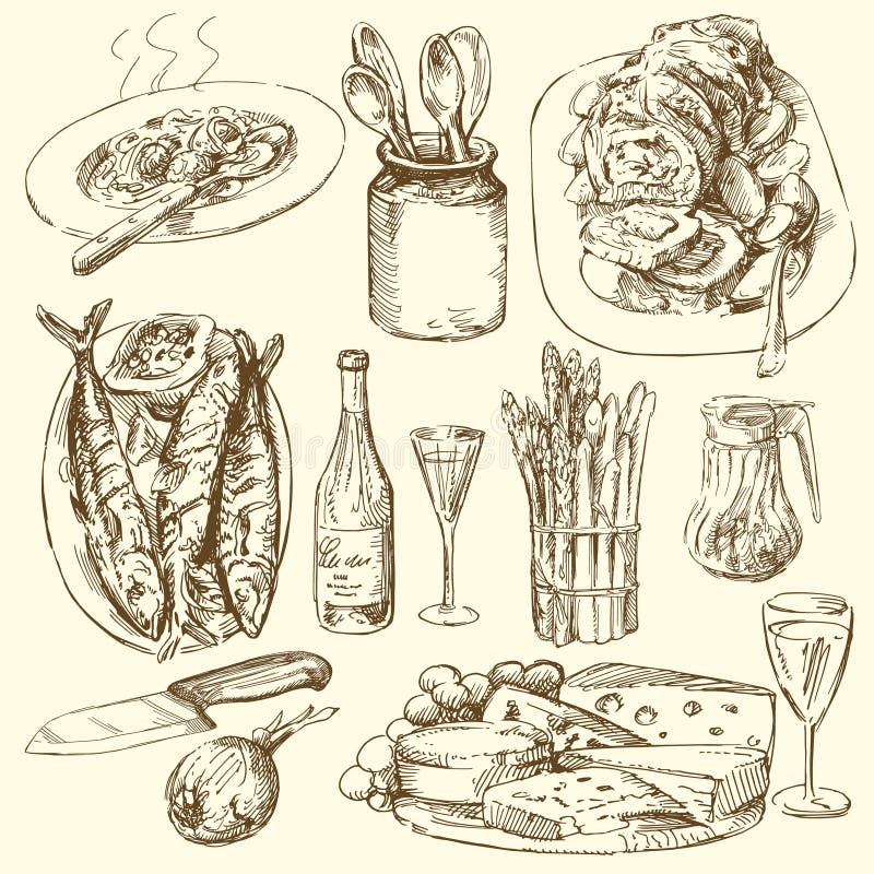 Food and drinks - hand drawn collection. Food and drinks - hand drawn collection