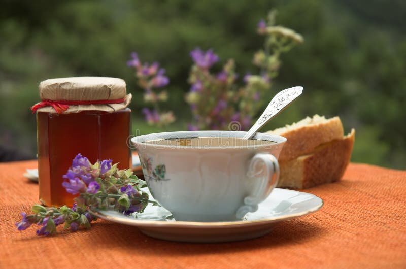 Tea and honey with nature background. Tea and honey with nature background
