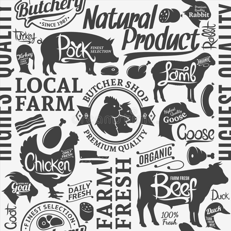 Typographic vector butchery seamless pattern or background. Farm animals icons and butcher shop design elements for groceries, meat stores, packaging and advertising. Typographic vector butchery seamless pattern or background. Farm animals icons and butcher shop design elements for groceries, meat stores, packaging and advertising