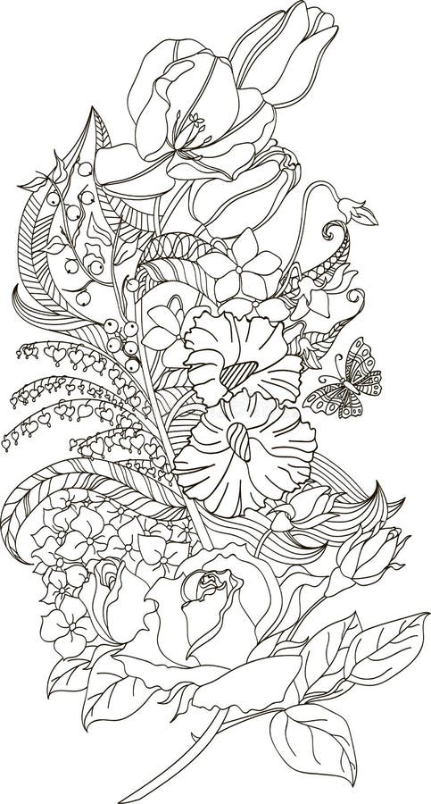 Τυποποιημένη απεικόνιση του φτερού doodle με τα τριαντάφυλλα, τις τουλίπες και την πεταλούδα ελεύθερη απεικόνιση δικαιώματος