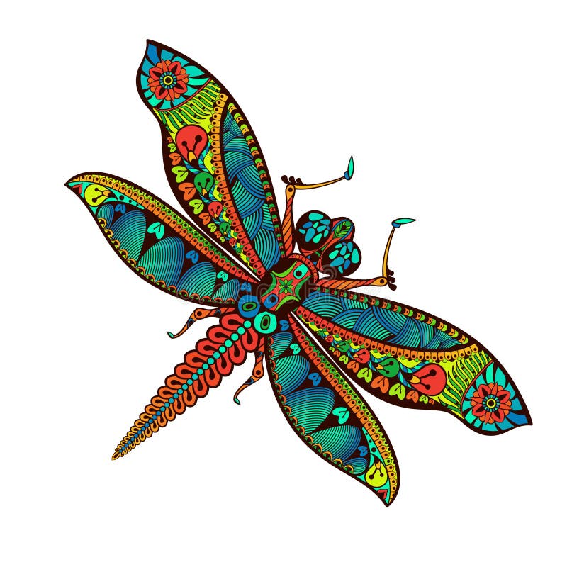 Τυποποιημένη λιβελλούλη Zentangle με το αφηρημένο ζωηρόχρωμο υπόβαθρο απεικόνιση αποθεμάτων Τυποποιημένη λιβελλούλη Zentangle με το αφηρημένο ζωηρόχρωμο υπόβαθρο απεικόνιση αποθεμάτων