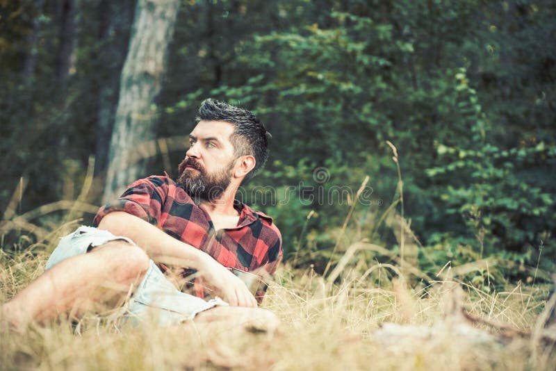 Τύπος που βρίσκεται στη χλόη στο πάρκο ή δάσος που στρατοπεδεύει στα ξύλα Γενειοφόρο άτομο με τα μάτια μπλε που κοιτάζει στην πλε στοκ εικόνα Τύπος που βρίσκεται στη χλόη στο πάρκο ή δάσος που στρατοπεδεύει στα ξύλα Γενειοφόρο άτομο με τα μάτια μπλε που κοιτάζει στην πλε στοκ εικόνα