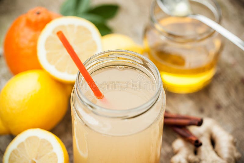 Healthy drink with lemon, cinammon, ginger and honey to prevent cold. Healthy drink with lemon, cinammon, ginger and honey to prevent cold