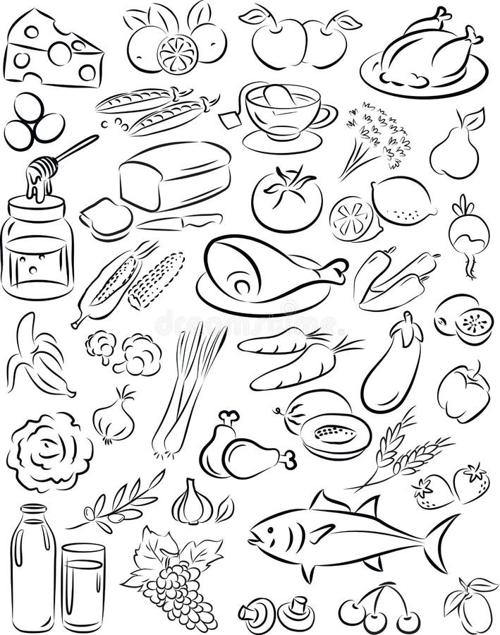 Vector illustration of healthy food collection in black and white. Vector illustration of healthy food collection in black and white