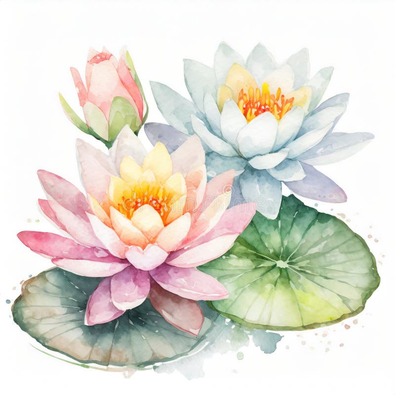 Pastel colored water lily flowers, in a watercolor painting style - illustration - graphic. Pastel colored water lily flowers, in a watercolor painting style - illustration - graphic