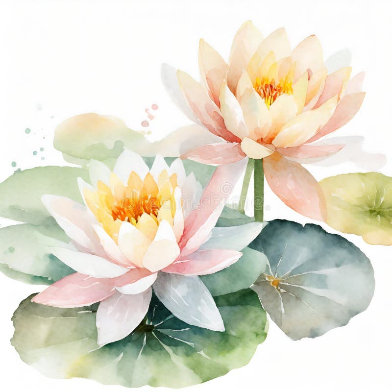 Pastel colored water lily flowers, in a watercolor painting style - illustration - graphic. Pastel colored water lily flowers, in a watercolor painting style - illustration - graphic