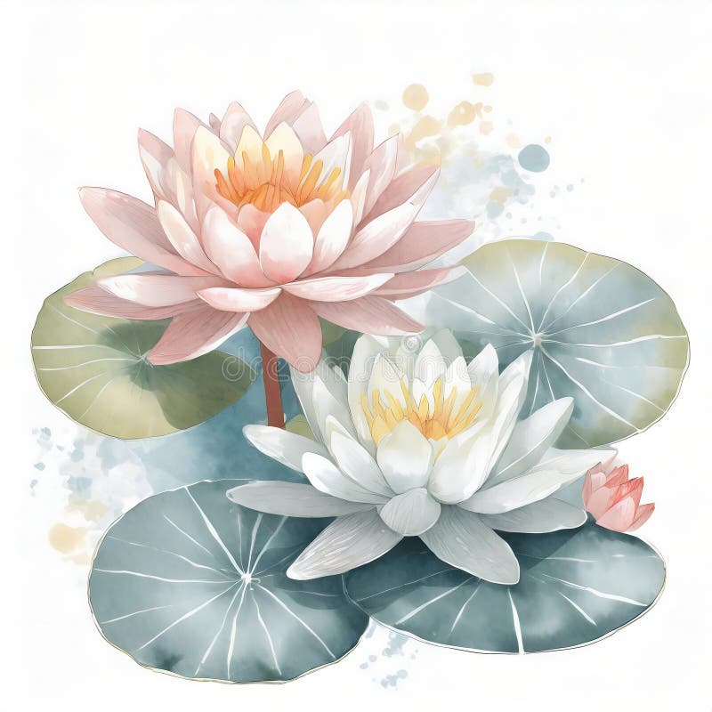 Pastel colored water lily flowers, in a watercolor painting style - illustration - graphic. Pastel colored water lily flowers, in a watercolor painting style - illustration - graphic