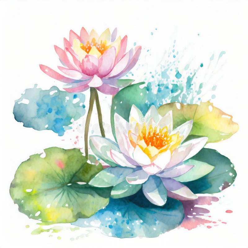 Pastel colored water lily flowers, in a watercolor painting style - illustration - graphic. Pastel colored water lily flowers, in a watercolor painting style - illustration - graphic