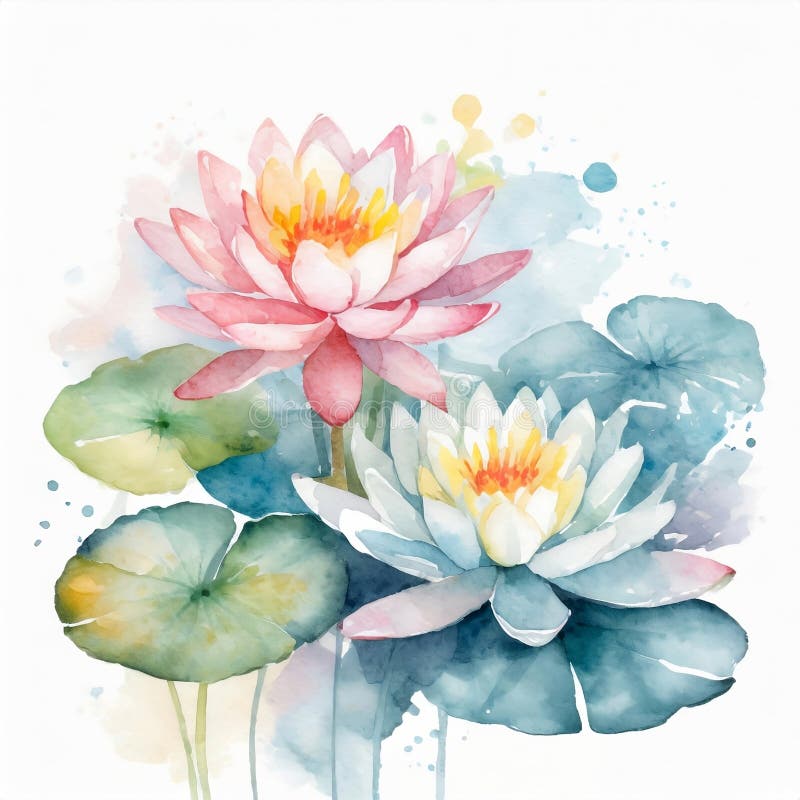 Pastel colored water lily flowers, in a watercolor painting style - illustration - graphic. Pastel colored water lily flowers, in a watercolor painting style - illustration - graphic