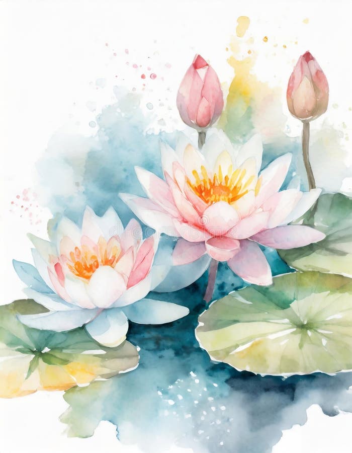 Pastel colored water lily flowers, in a watercolor painting style - illustration - graphic. Pastel colored water lily flowers, in a watercolor painting style - illustration - graphic