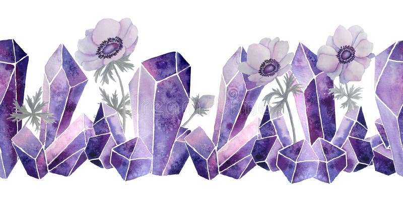 Watercolor hand drawn seamless horizontal border illustration of violet purple lavender gemstone crystals mystic precious minerals with anemone flowers and grey leaves. Occult witchcraft concept. Boho style. Watercolor hand drawn seamless horizontal border illustration of violet purple lavender gemstone crystals mystic precious minerals with anemone flowers and grey leaves. Occult witchcraft concept. Boho style