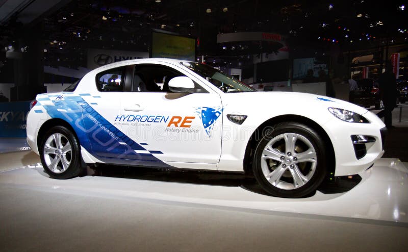 Mazda 2012 flex fuel car (hydrogen / gasoline) on display at the 2011 New York Auto Show. Mazda 2012 flex fuel car (hydrogen / gasoline) on display at the 2011 New York Auto Show