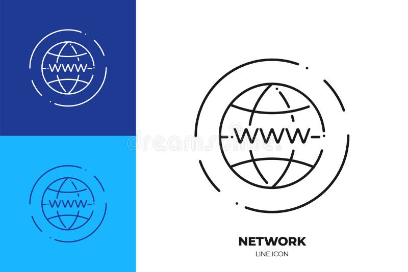 Globe with www on it line art vector icon. Outline symbol of internet. Network technology pictogram made of thin stroke. Isolated on background. Globe with www on it line art vector icon. Outline symbol of internet. Network technology pictogram made of thin stroke. Isolated on background