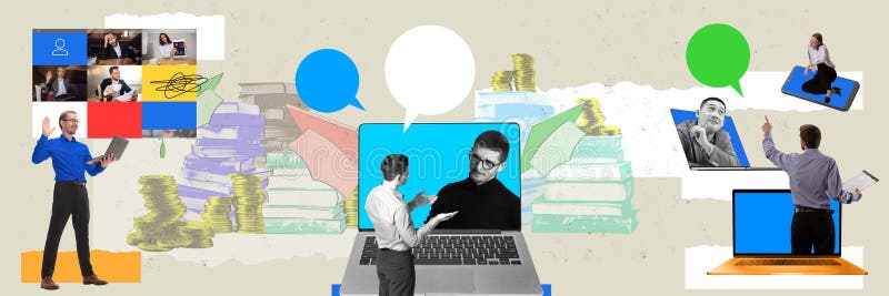 υπάλληλοι που επικοινωνούν online μέσω φορητών υπολογιστών. αυξανόμενη συνεργασία για την πρόσληψη νέων υπαλλήλων. σύγχρονο κολάζ στοκ φωτογραφία με δικαίωμα ελεύθερης χρήσης