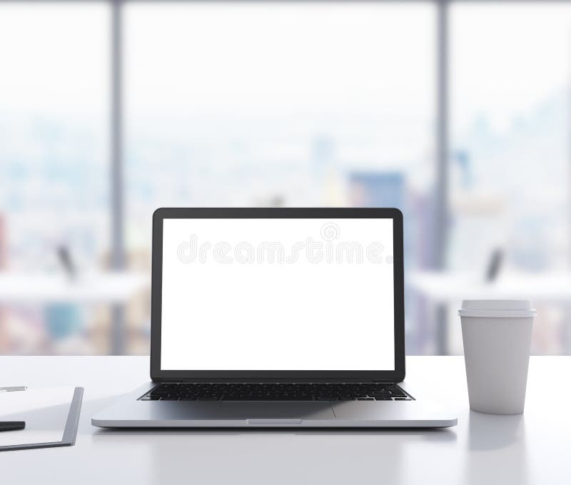 Υπάρχει ένα lap-top με την άσπρη διαστημική οθόνη αντιγράφων, το νομικό μαξιλάρι και ένα φλιτζάνι του καφέ στον πίνακα τρισδιάστα στοκ εικόνες Υπάρχει ένα lap-top με την άσπρη διαστημική οθόνη αντιγράφων, το νομικό μαξιλάρι και ένα φλιτζάνι του καφέ στον πίνακα τρισδιάστα στοκ εικόνες