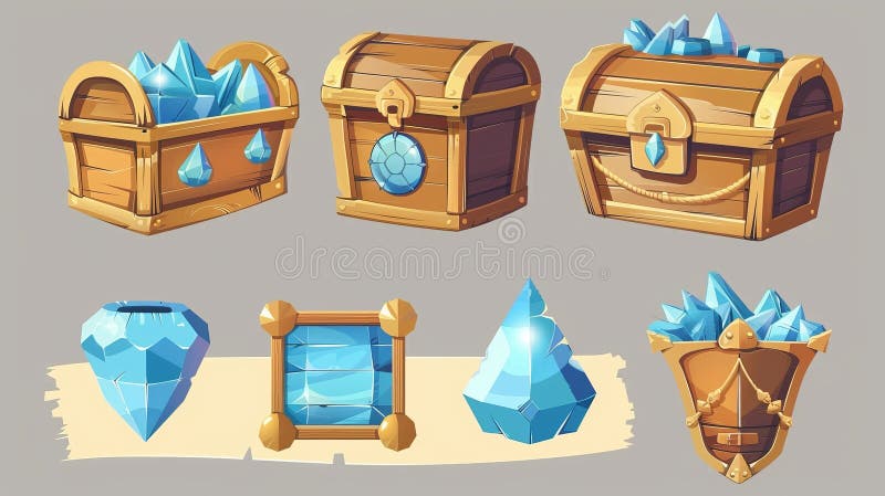 There is a treasure chest and a bag of gem stones in the game. A wooden trunk or a sack containing blue crystals. Trophy growth, level rewards, pirate loot, fantasy assets, gui elements, cartoon. AI generated. There is a treasure chest and a bag of gem stones in the game. A wooden trunk or a sack containing blue crystals. Trophy growth, level rewards, pirate loot, fantasy assets, gui elements, cartoon. AI generated