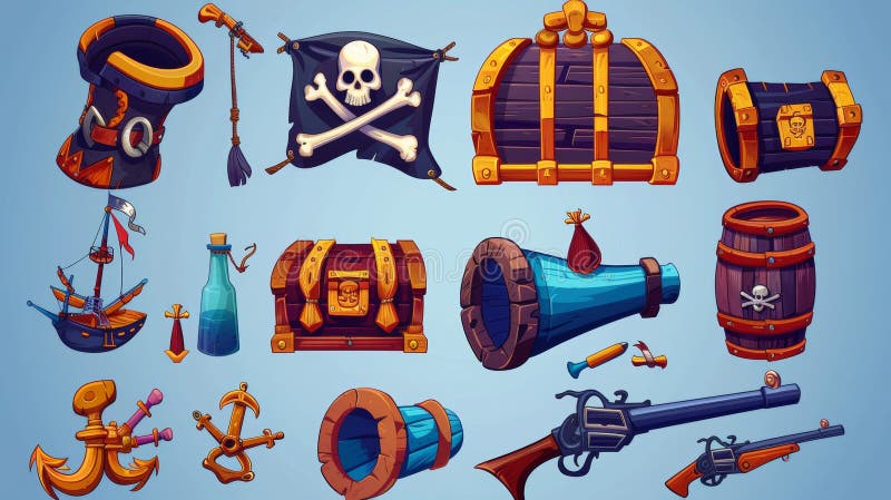 There is a set of pirate items cartoon icons such as a cannon, a treasure chest, a flag with Jolly Roger on it, and a rum bottle. Smoking pipe with skull, captain&#x27;s hat, gun, anchor, and a parrot are. AI generated. There is a set of pirate items cartoon icons such as a cannon, a treasure chest, a flag with Jolly Roger on it, and a rum bottle. Smoking pipe with skull, captain&#x27;s hat, gun, anchor, and a parrot are. AI generated