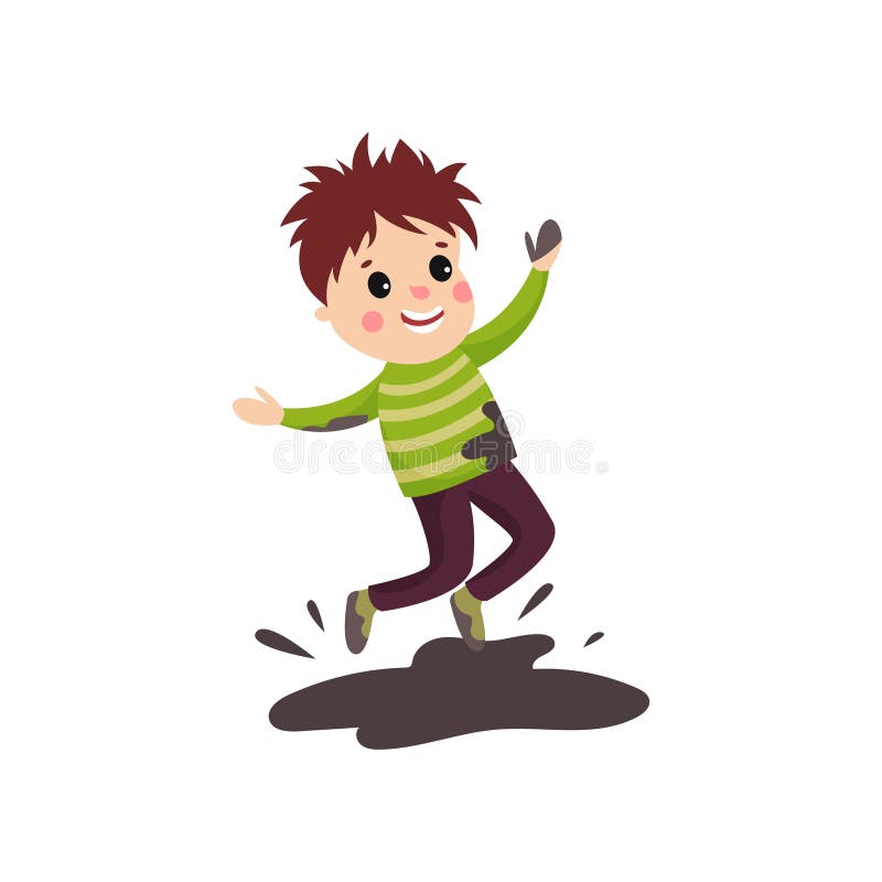 Overactive little kid in soiled sweater and pants jumping with hands up in mud puddle. Cartoon character of boy with bad behavior. Trouble child. Flat vector illustration isolated on white background. Overactive little kid in soiled sweater and pants jumping with hands up in mud puddle. Cartoon character of boy with bad behavior. Trouble child. Flat vector illustration isolated on white background.